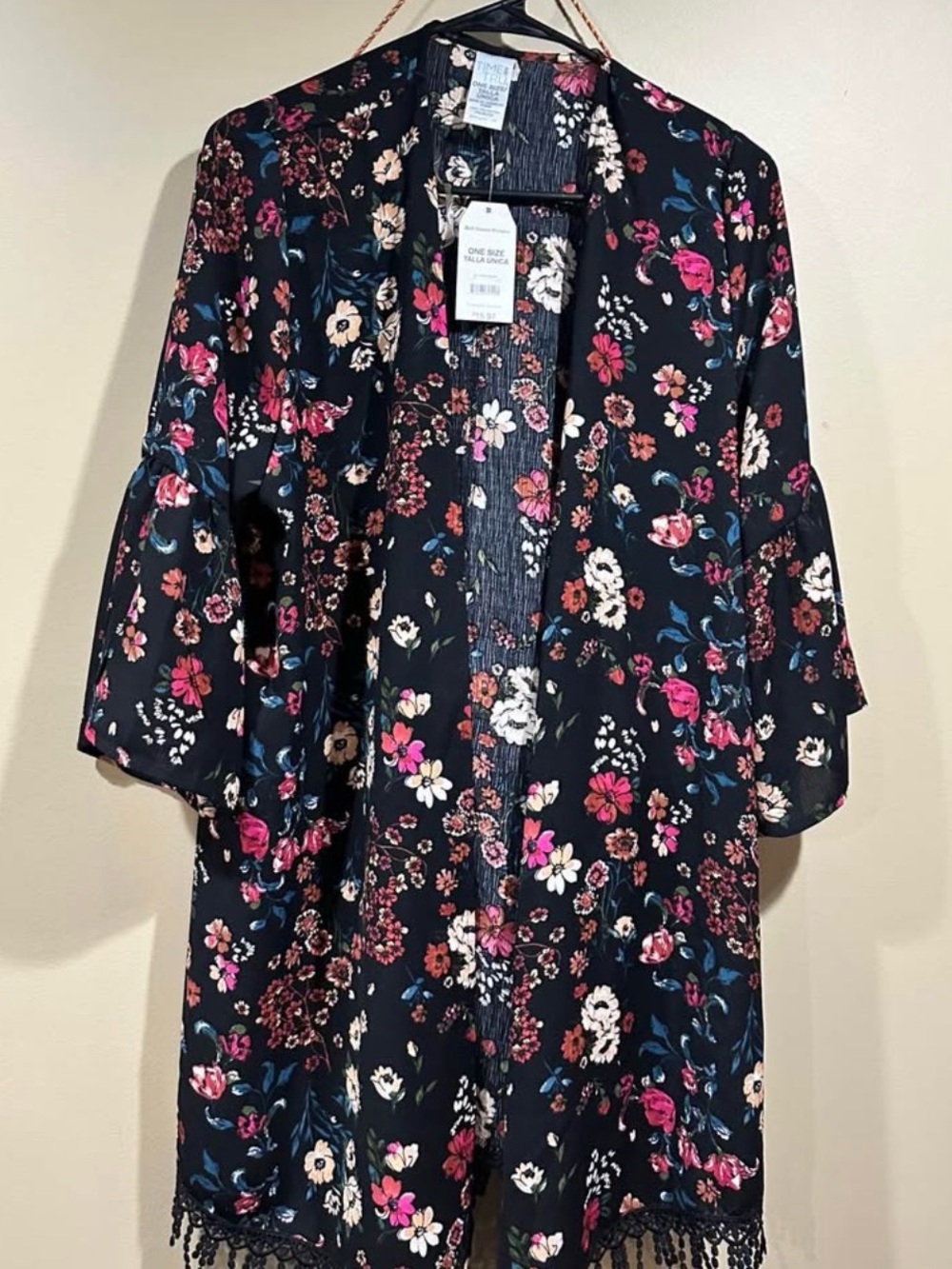 Time and Tru Black Floral Open-Front Kimono Jacket